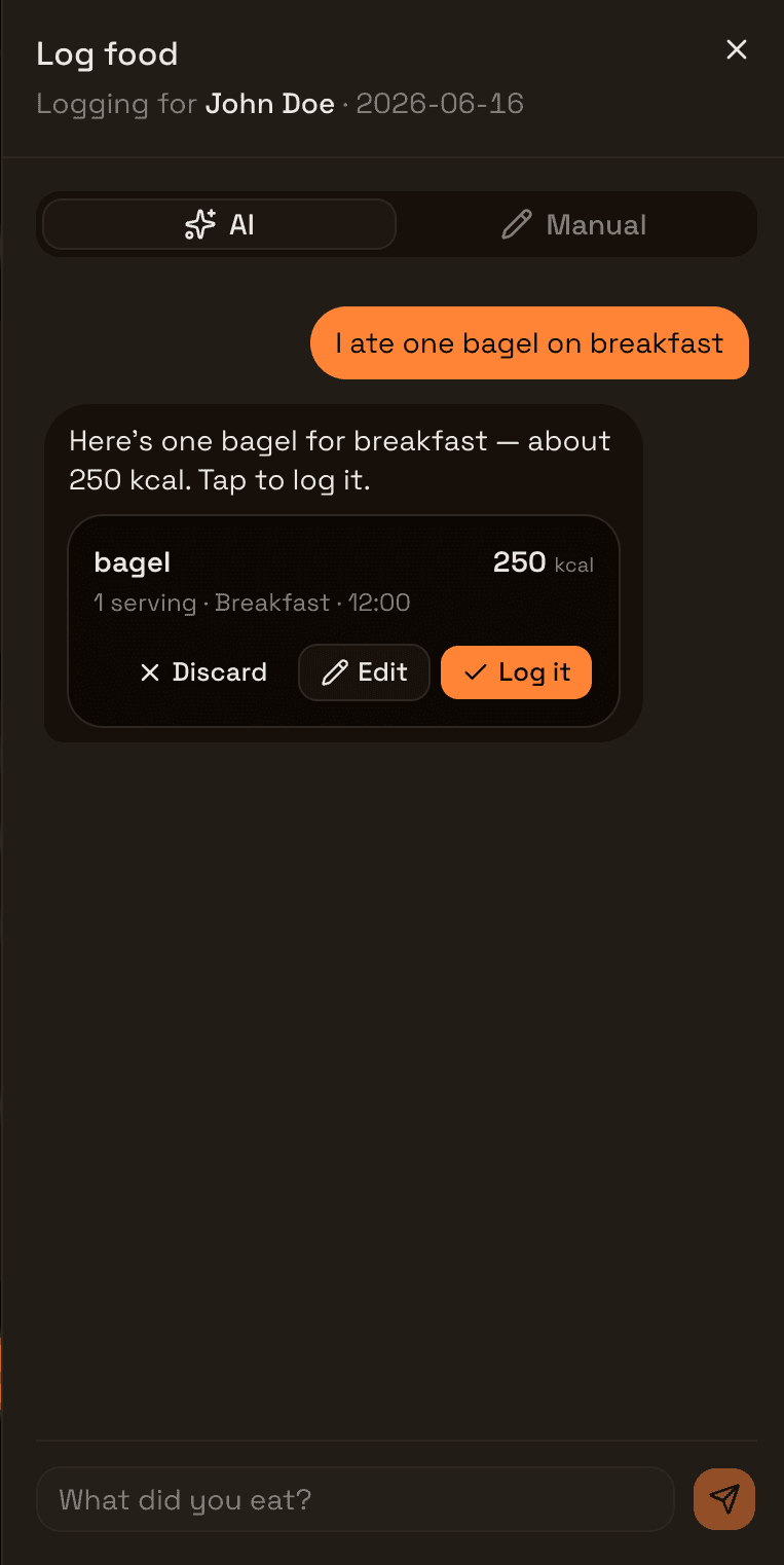 AI chat panel showing a typed meal and a suggested log card with calorie estimate